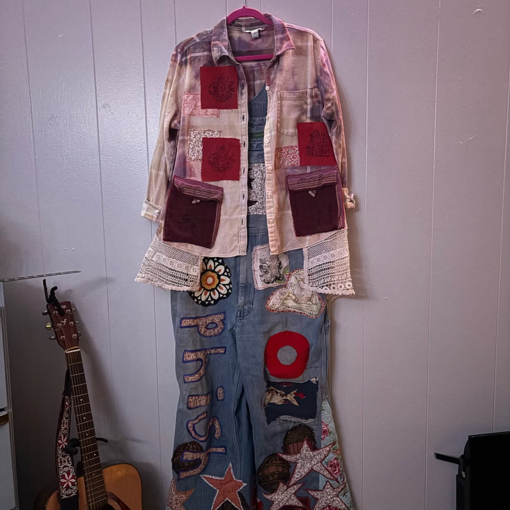Grateful Dead Upcycled Bleach Distressed Flannel with Crochet Hem - Picture 14 of 15